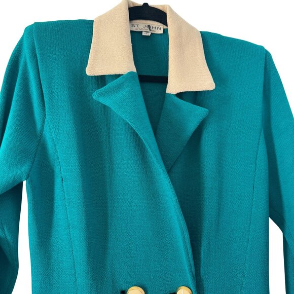 VTG St. John By Marie Gray Teal Knit Mid Dress Cream Collar & Gold Button, Sz 4 - Picture 4 of 7